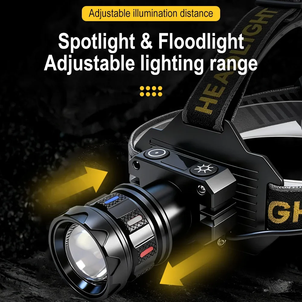 BORUiT 500M Long Throw Motion Sensor LED Headlamp Zoom 1000LM Type-C Rechargeable Headlight Waterproof Camping Head Torch