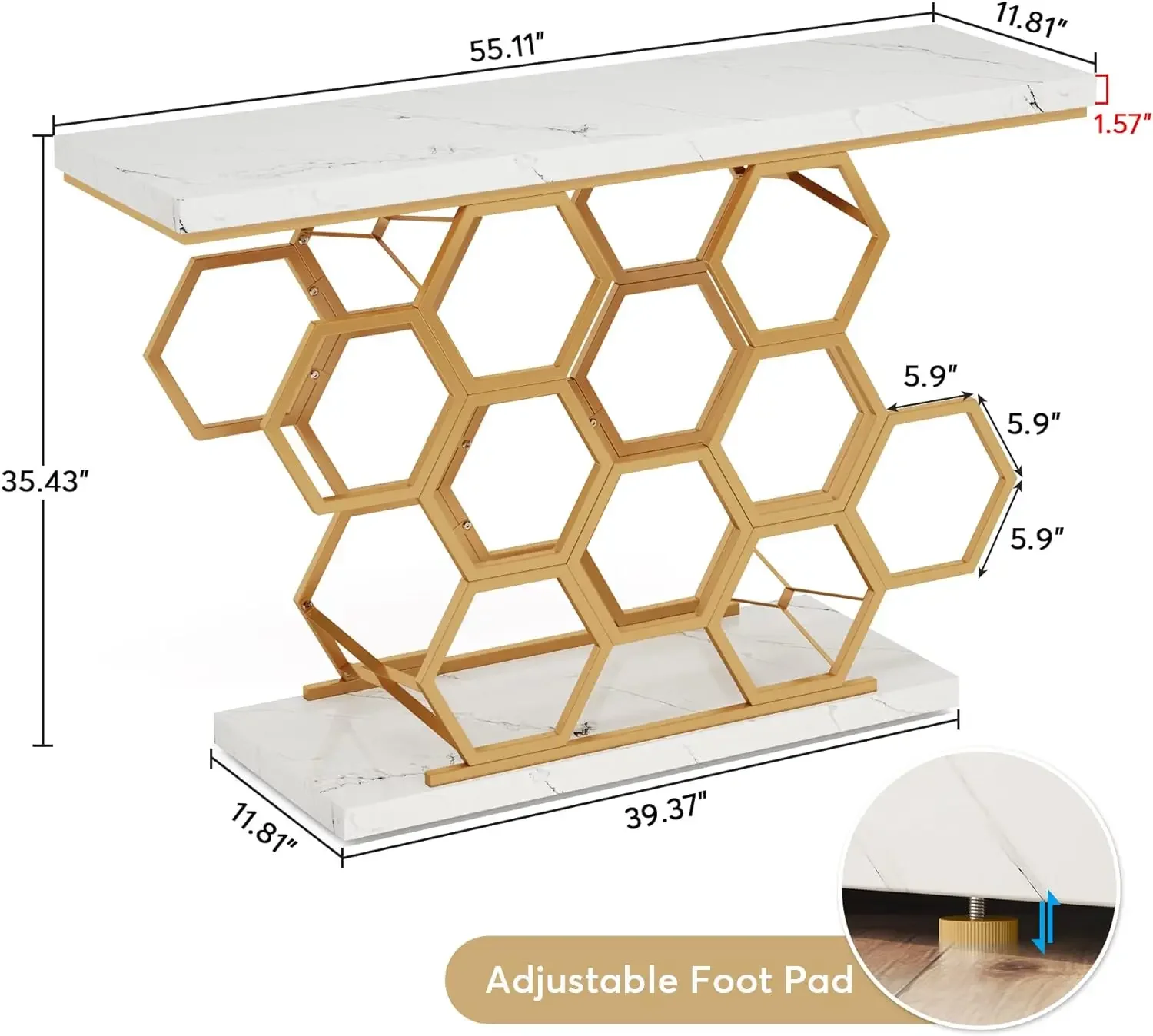 Gold Console Table, 55 Inch Modern Entryway Table Foyer Table with Metal Base, Faux Marble White Accent Table Narrow Sofa