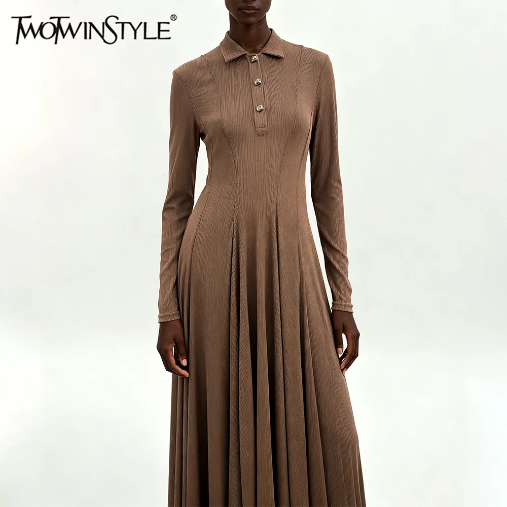 TWOTWINSTYLE Solid Spliced Buttons Fashion Long Dresses for Women Lapel Long Sleeves Tunic Patchwork Folds Dress Female Clothing