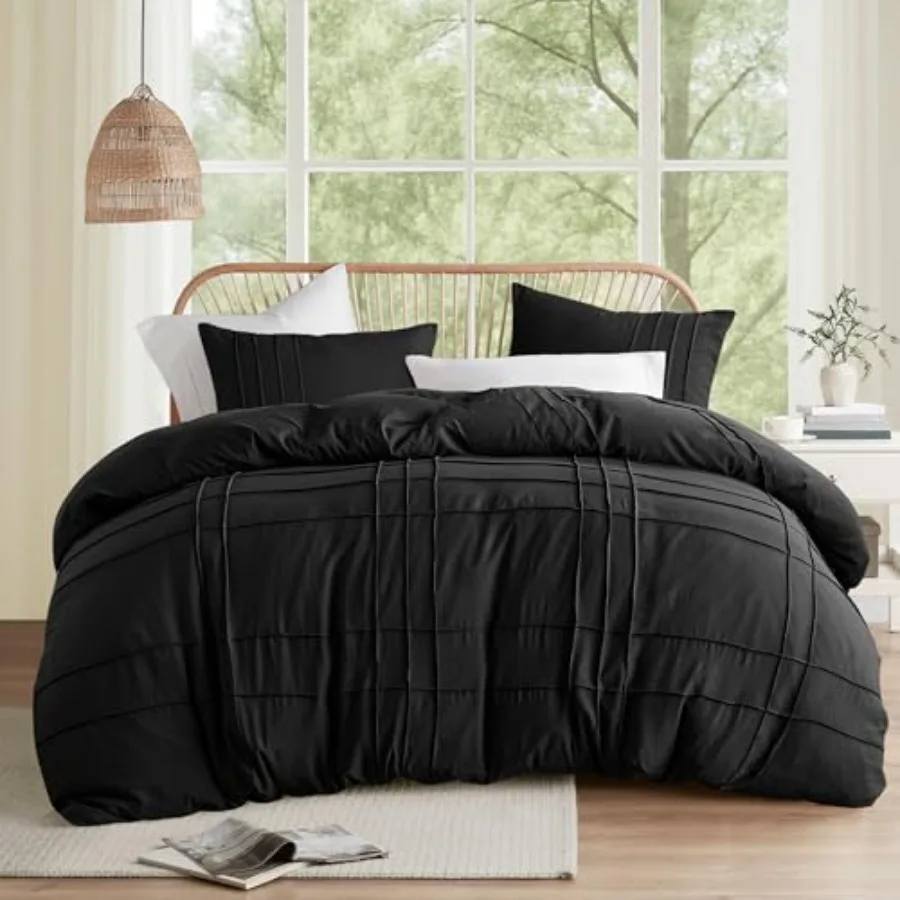 

Black Size Duvet Cover Set - 3 Pieces Pintuck Pleated Duvet Cover All Season Lightweight Extra Softness Pre-Washed Microfiber B