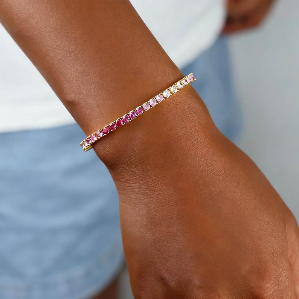 2025NEW موضة 3 مللي متر زركون الوردي تشيكوسلوفاكيا تنس سلسلة سوار الذهب اللون مطلي الملونة النساء فتاة العصرية مجوهرات #2