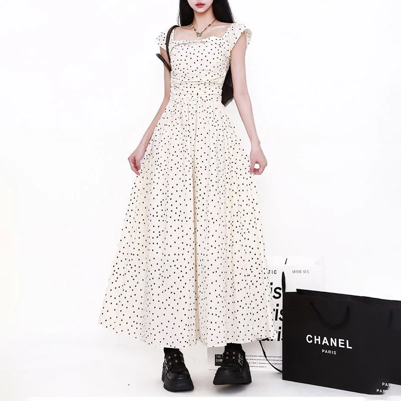 

Women's Clothing Summer French Square Neck Flutter Sleeve Polka Dot Print Elegant Fit and Flare Long A-Line Dress
