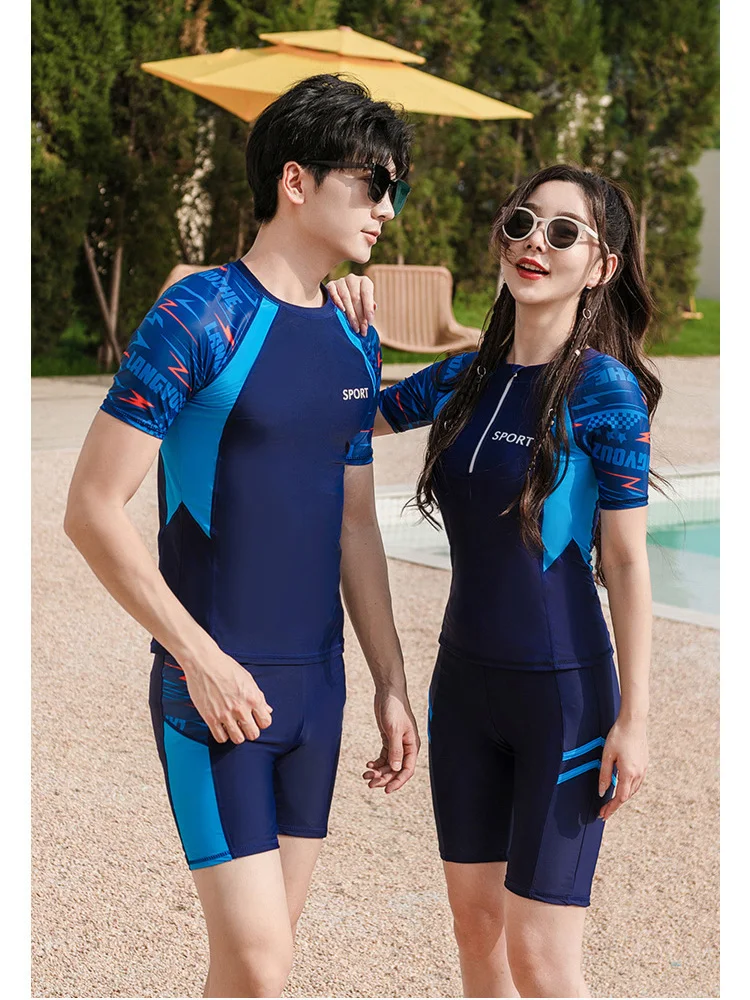 Donna uomo 2 pezzi/set Rash Guard manica corta camicie da bagno protezione solare UV costume da bagno Top costume da bagno con fondo Boylegs