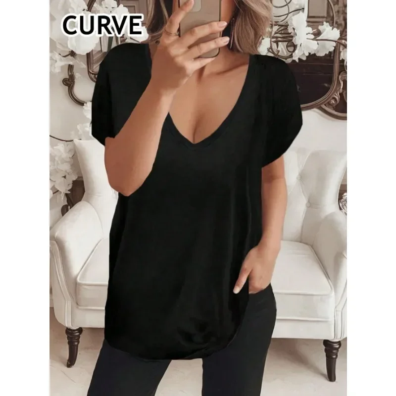 

Plus Size 1XL-5XL New Summer Women's V-neck Solid Color Fashionable Versatile Short Sleeved T-shirt