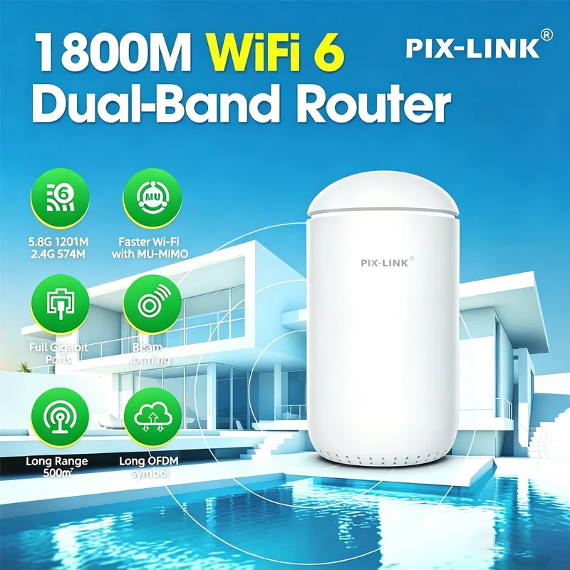 

Беспроводной маршрутизатор PIX-LINK WiFi 6 AX1800, гигабитный двухдиапазонный Wi-Fi роутер 5.8ГГц, точка доступа, репитер, расширитель диапазона