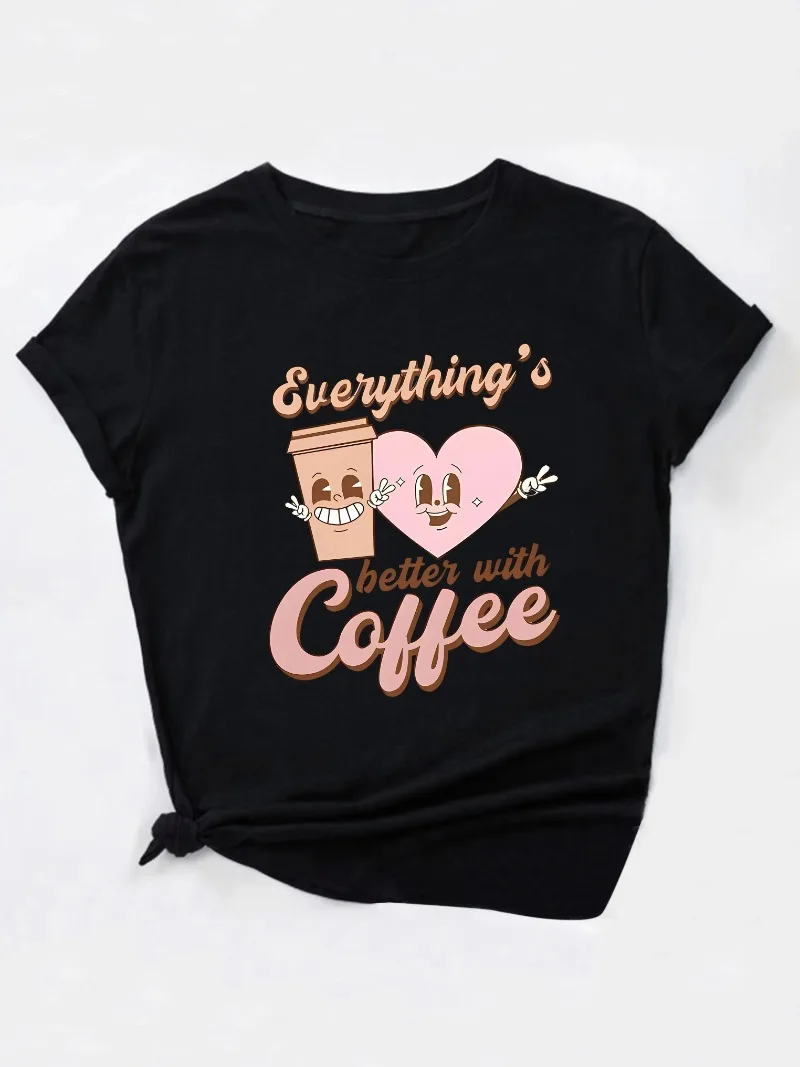 Dameskleding Cartoon Koffie & Letterprint T-Shirt, Casual Ronde Hals Top Met Korte Mouwen Voor Lente En Zomer,