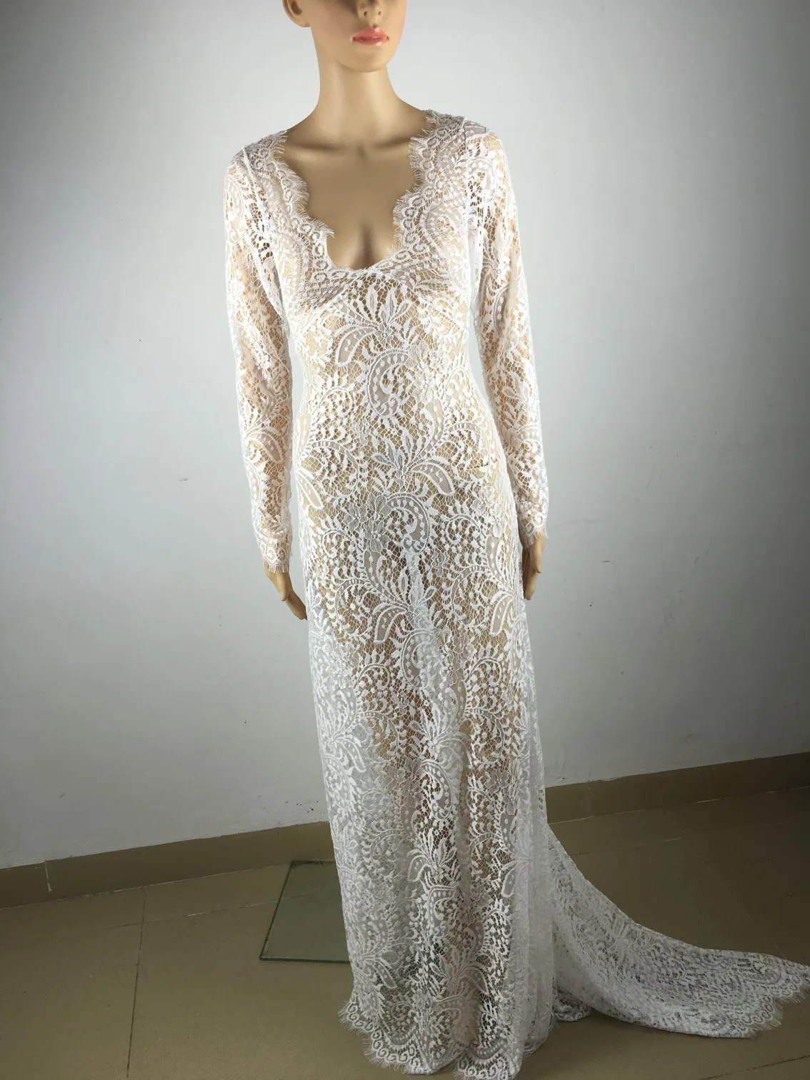 Women Dresses 2026 European dreamy V-neck backless long-sleeved floor-length lace nightclub evening dress clothing vestidoes