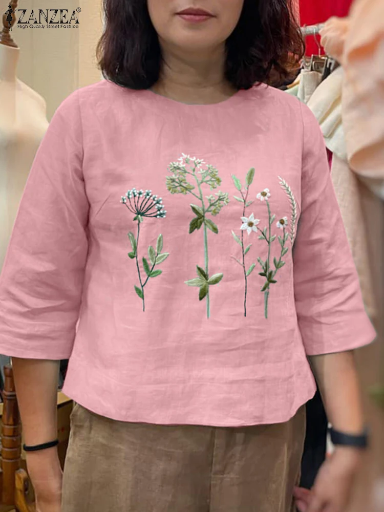 

ZANZEA Versatile Daily Casual Blusas Mujer O-Neck Floral Embroidered 2025 Summer Woman Smock Tops 3/4 Sleeve Vintage Blouses