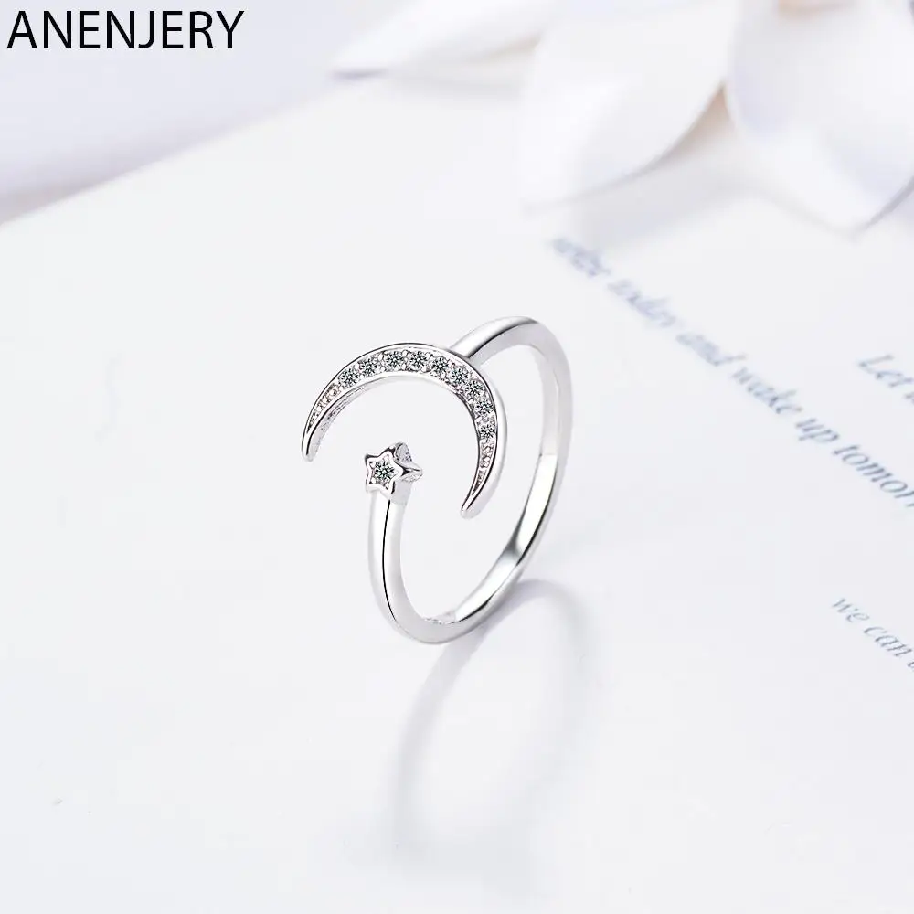 ANENJERY Silver Color Trendy Silver Color Moon Star Open Finger Dazzling Zircon Open Rings For Women Girls Jewelry Gifts S-R467