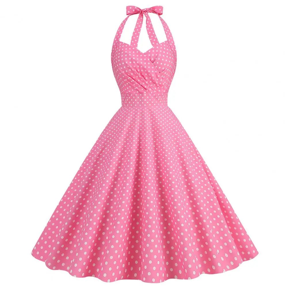 Princess Style Midi Dress Elegant Vintage Dot Print A-line Evening Dress with Halter Neck Pleated Princess Style for Special