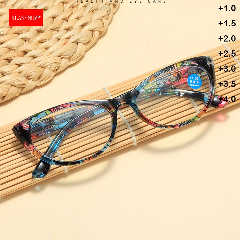 KLASSNUM Floral Printed Small Cat Eye Reading Glasses Magnifying Lens Women Classic Magnifying Lens Plus Eyepiece+1.0+1.5+2.0