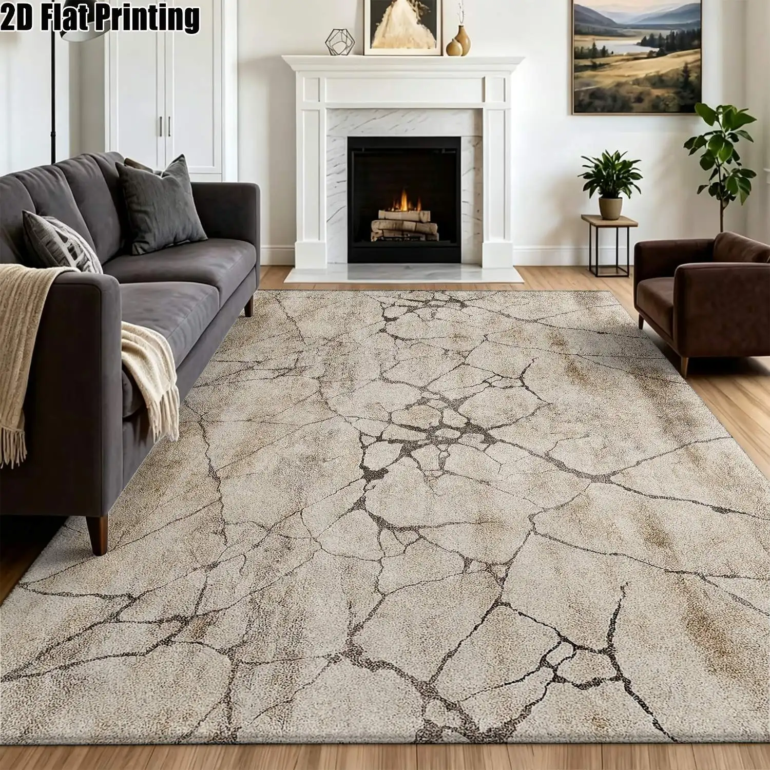1Pc 2D Printed Carpet: Light Brown Cracked Pattern, Modern Minimalist, Instagram/Nordic/Vintage Geometric Striped, Home Decor, Multi-Size, Machine Washable, Suitable for Entrance, Dining, Foyer, Bedroom, Living Room Floor Mats