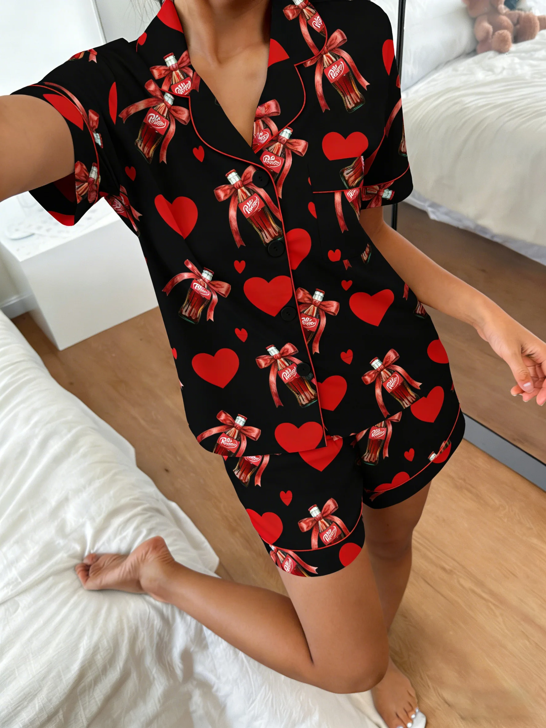

Cardigan Lapel Women Pajamas Short Sleeve Shorts Two Piece Set Loungewear Spring Summer Vintage Soda Bottle Print Red Heart Loos