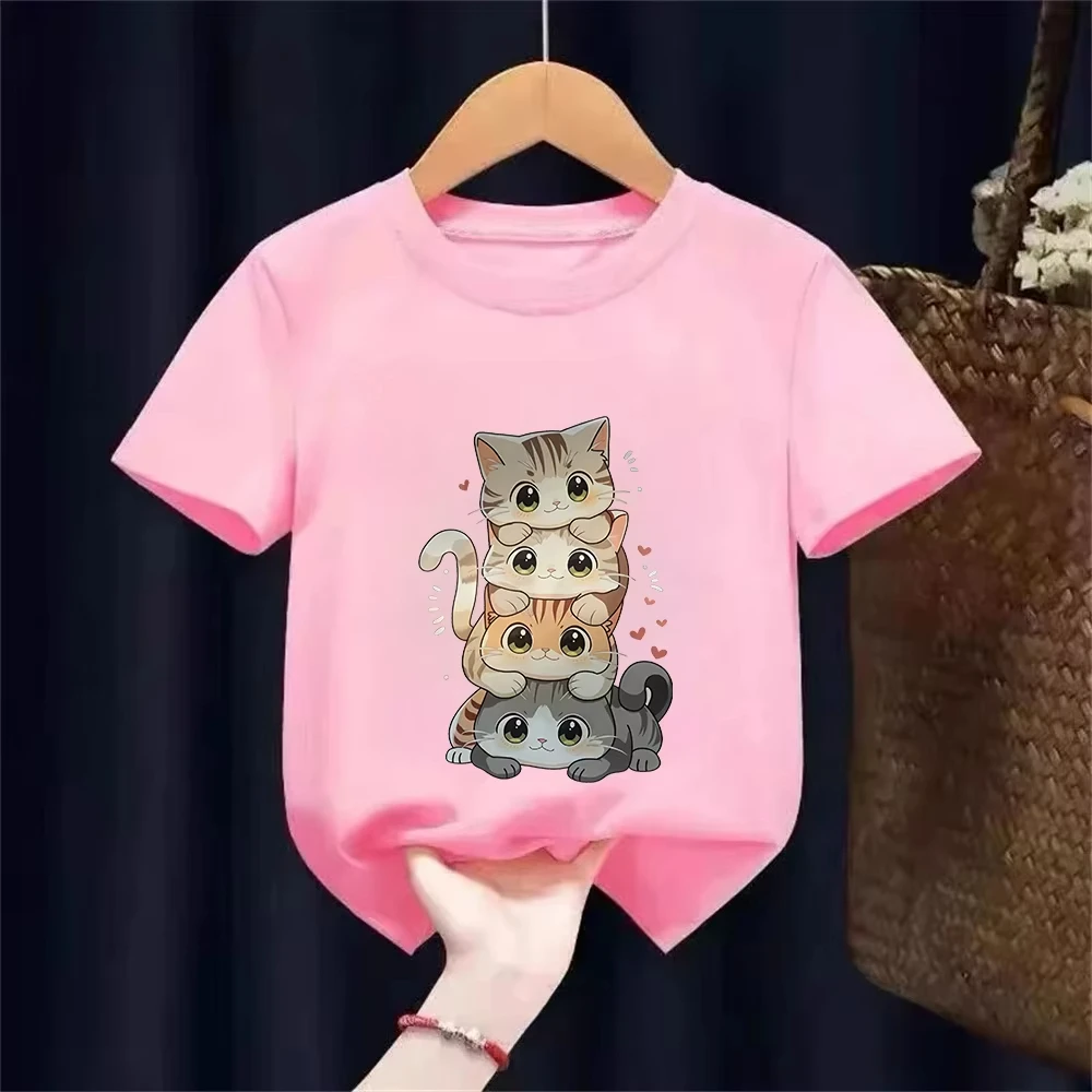 Cute Cartoon Cat Print Kids Round Neck Short Sleeved Summer Fashion T-shirt 100%cotton Casual Versatile Summer Girl Boy Tshirt