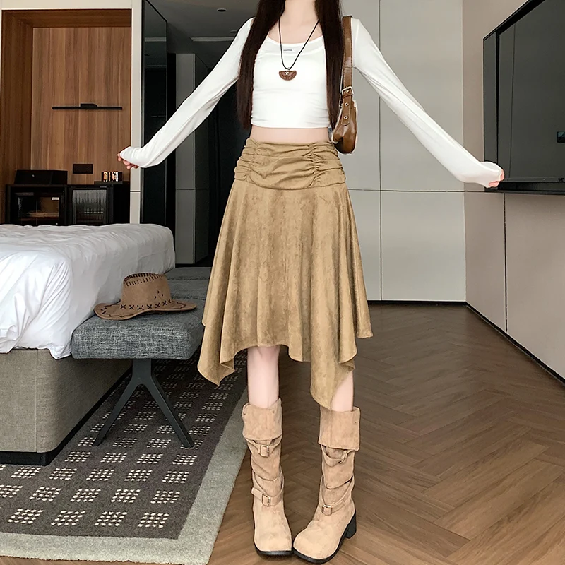 Retro Suede Texture Asymmetrical Midi Skirt Women's Unique Design Pleated High Waist Mid-Length Skirt Autumn Winter New Arrival