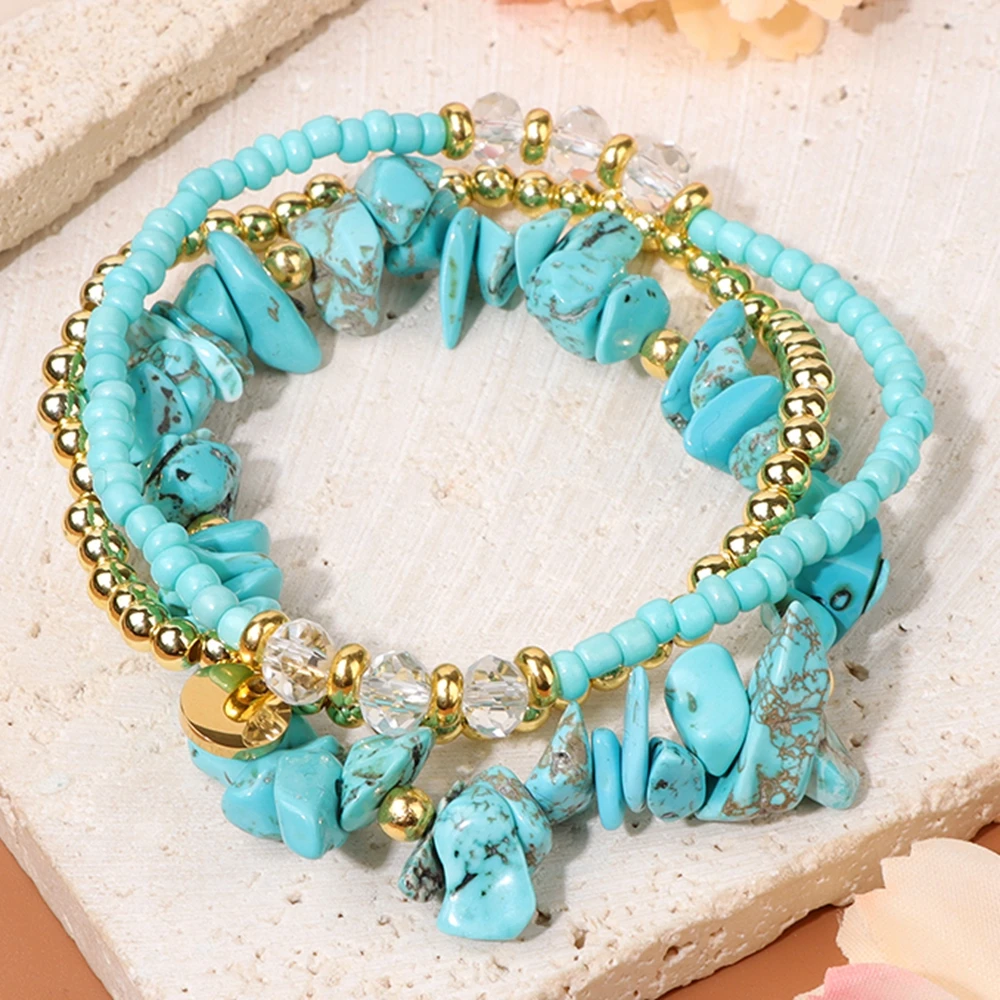 3 Teile/los Natürliche Stein Unregelmäßigen Blau Türkisen Verkrustete Chip Perlen Armband Set für Frauen Gold Farbe 4mm Runde Perlen Armband armreif