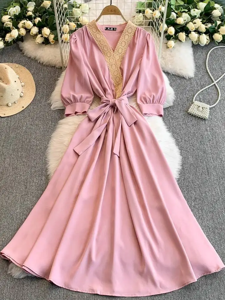 BabYoung Office Lady Vintage French Vestidos Patchwork V Neck Lantern Sleeve Lace Up Robe Satin Slim Waist Dresses