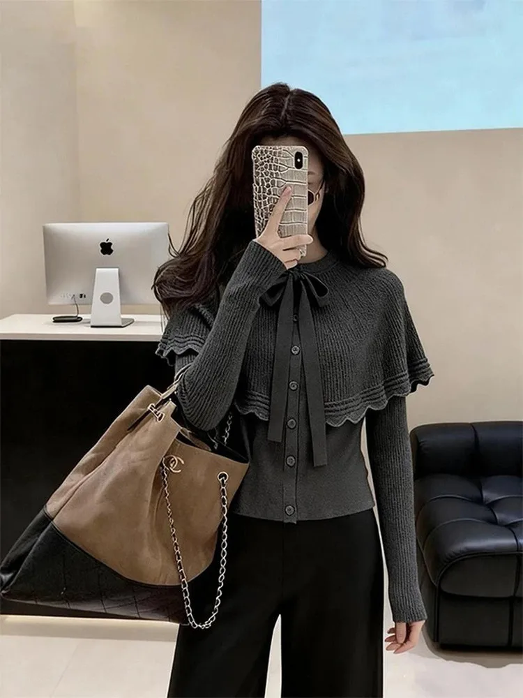 

Elegant Grey Knitted Cardigan Women's Autumn Winter Sweater with Bow Tie Cowl Neck Long Sleeve Regular Fit Casual Wear