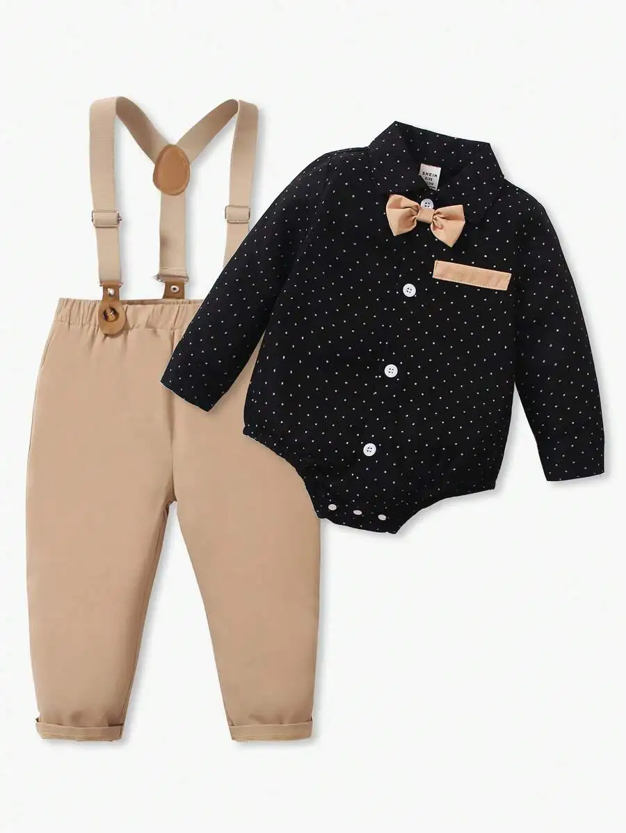 

Комплект из 2 предметов: рубашка в горошек для мальчика с галстуком-бабочкой и брюки на подтяжках