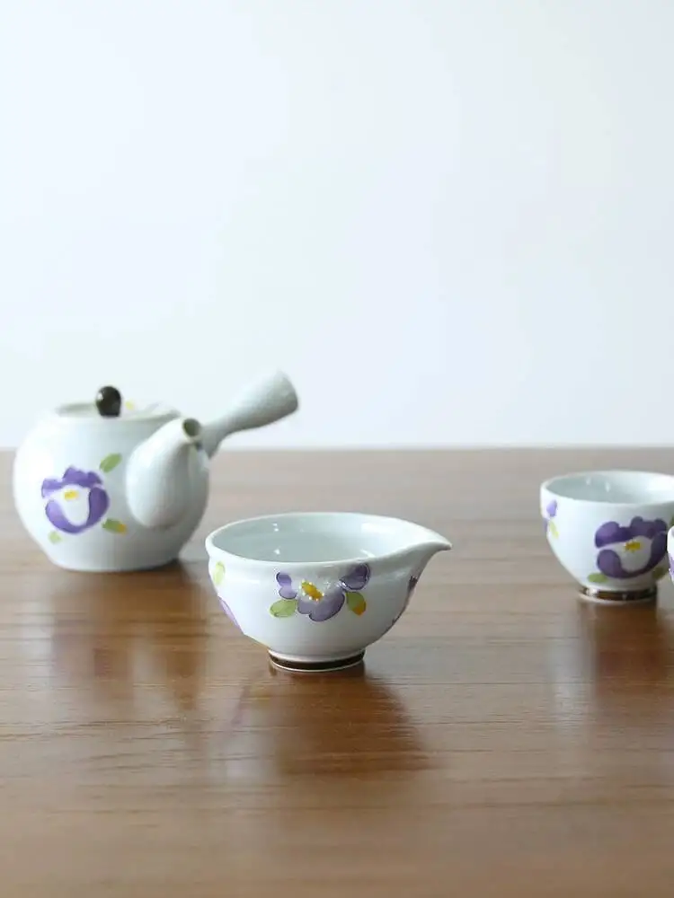 In Stock Japanese Imported Arita-Yaki Purple Flower Tea Set Combination Ceramic Side-Handle Teapot Teacup Sharing Pot