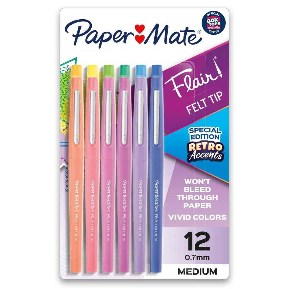 أقلام ذات طرف لباد من Paper Mate Flair ذات أطراف متوسطة وألوان متخصصة عدد 12 قطعة