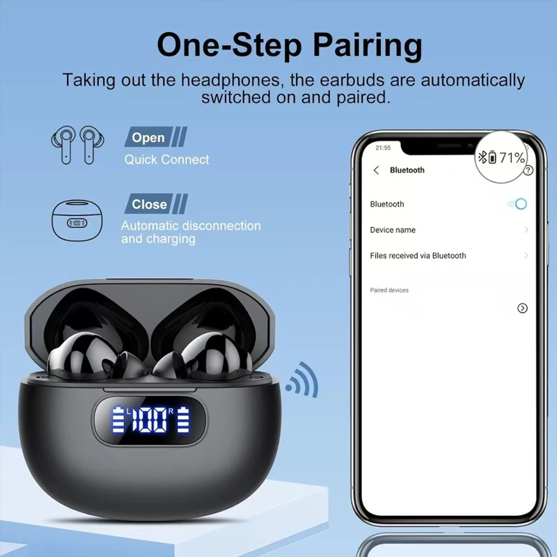 BT 5.4 TWS Earphones and Earbuds with Smart LED Display 50H Playtime Stereo Sound for Business Call and Conference Talk