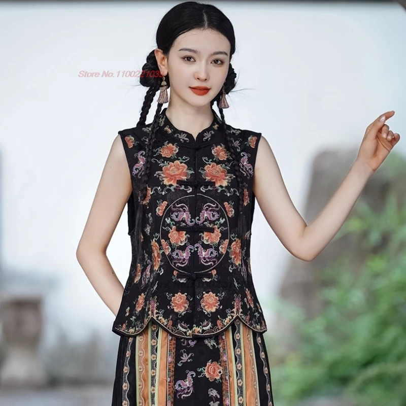 2025 chinese vintage hanfu tops stand collar satin jacquard vest national flower embroidery sleeveless jacket ethnic waistcoat