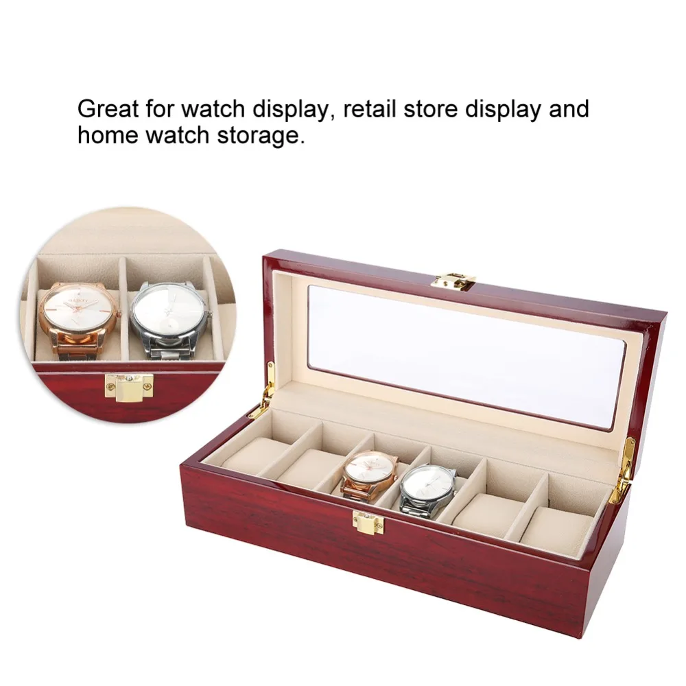 

Well-protected Wooden Watch Box 6 Slots Red Sandalwood Storage Box Large Capacity Glossy Paint Display Case Gift Packing