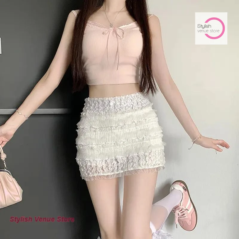 

French style sweet wind lace cake skirt female summer new spice girl anti-exposure hip skirt short casual Joker A-word skirt