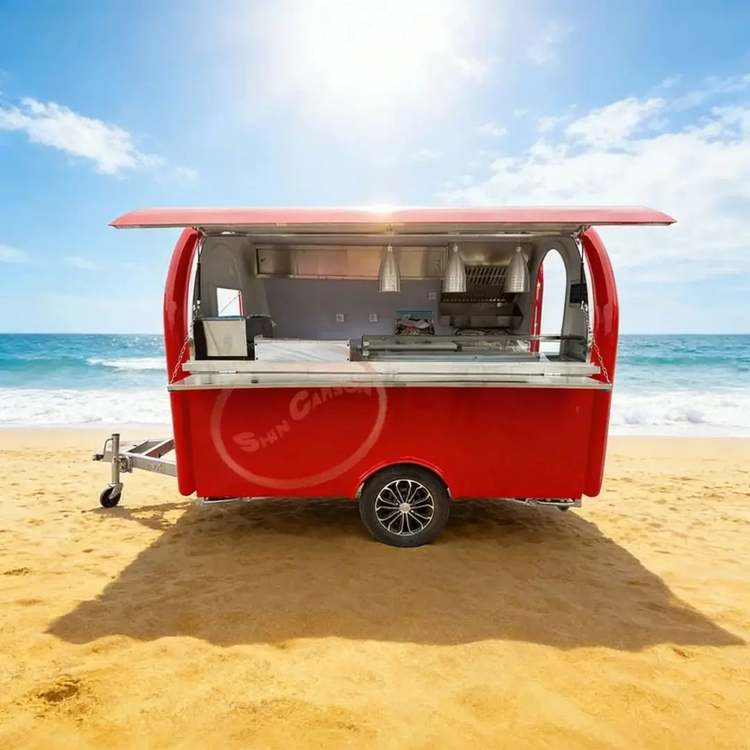 

Fiberglass Food Truck Catering Mobile Vending Cart with Stainless Steel Interior Removable Canopy for Business
