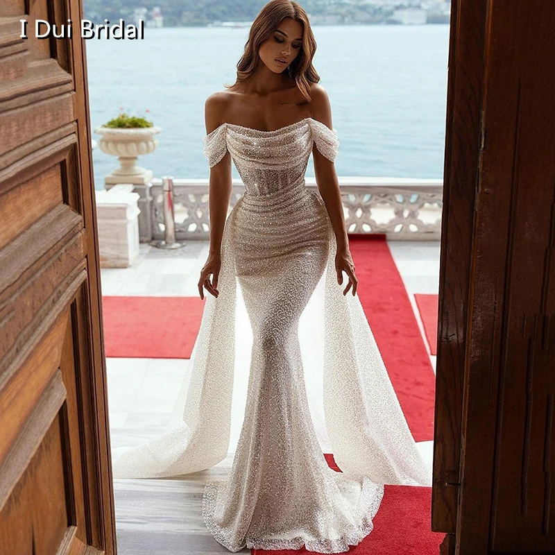 

Off Shoulder Beaded Bodycon Wedding Dress with Detachable Train Sexy Shinny High Quality Factory Custom Made