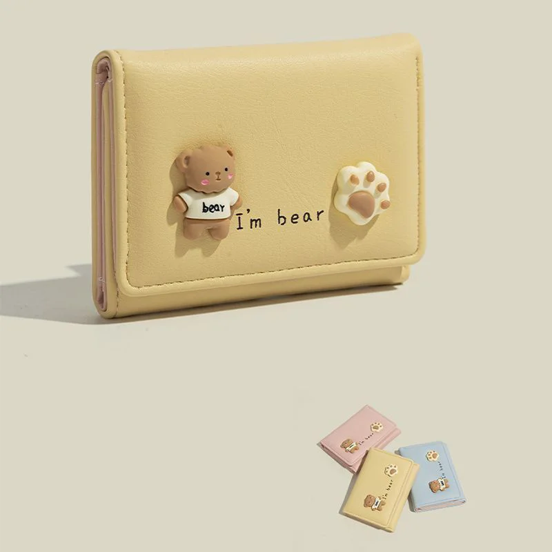 WERLLANDS PU Leather Bear Embossed Mini Card Wallet Women Ultra Thin Multi Card Slots Coin Purse Portable Student Pocket Money B