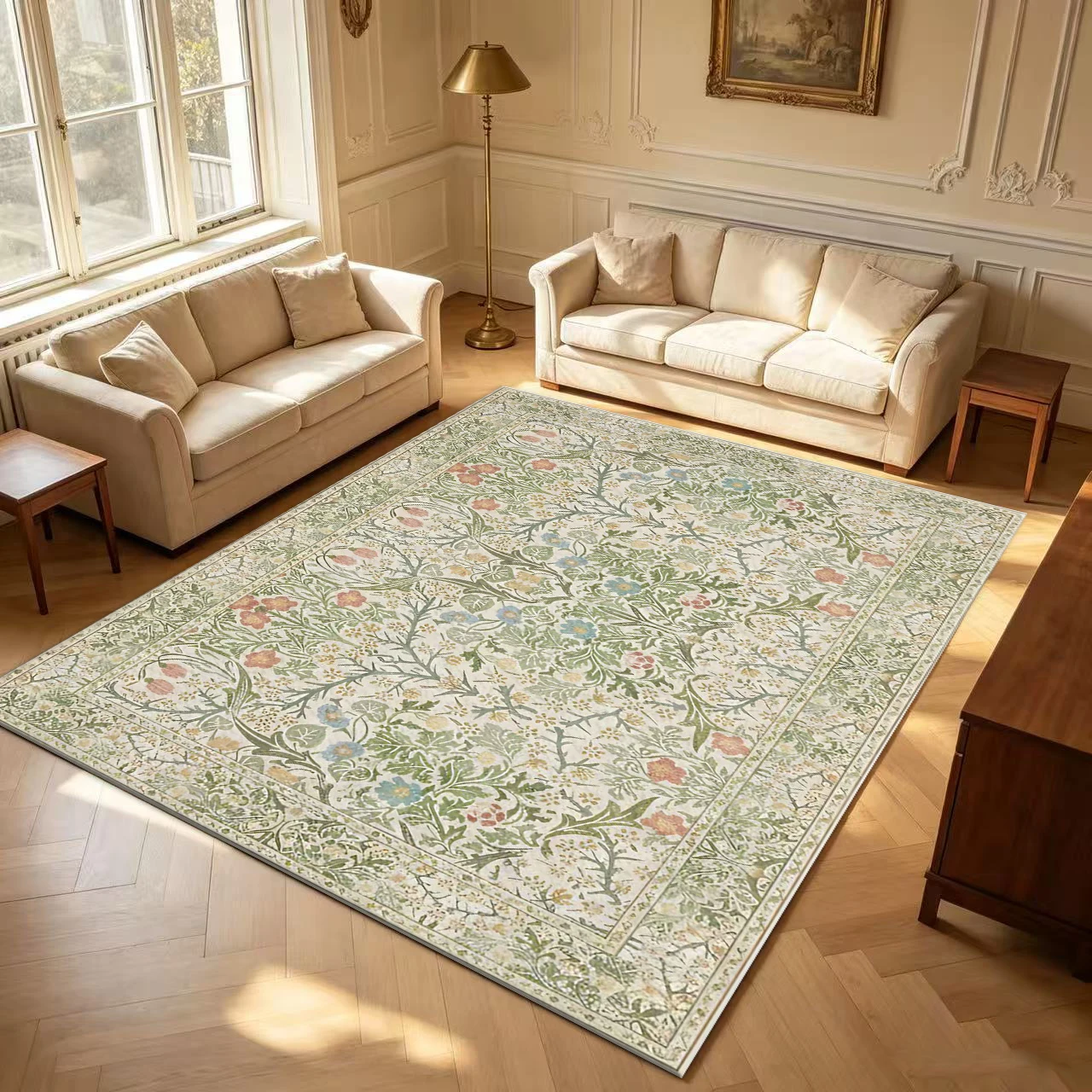 William Morris Style Floral Carpet with Vintage Botanical Patterns, Suitable for Living Room, Bedroom, and Home Decor