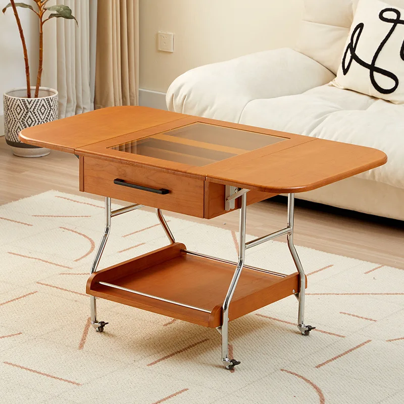 Retro Folding Solid Wood Mobile Coffee   Storage Trolley Antique Medieval Nordic Small Apartment Sofa Cart