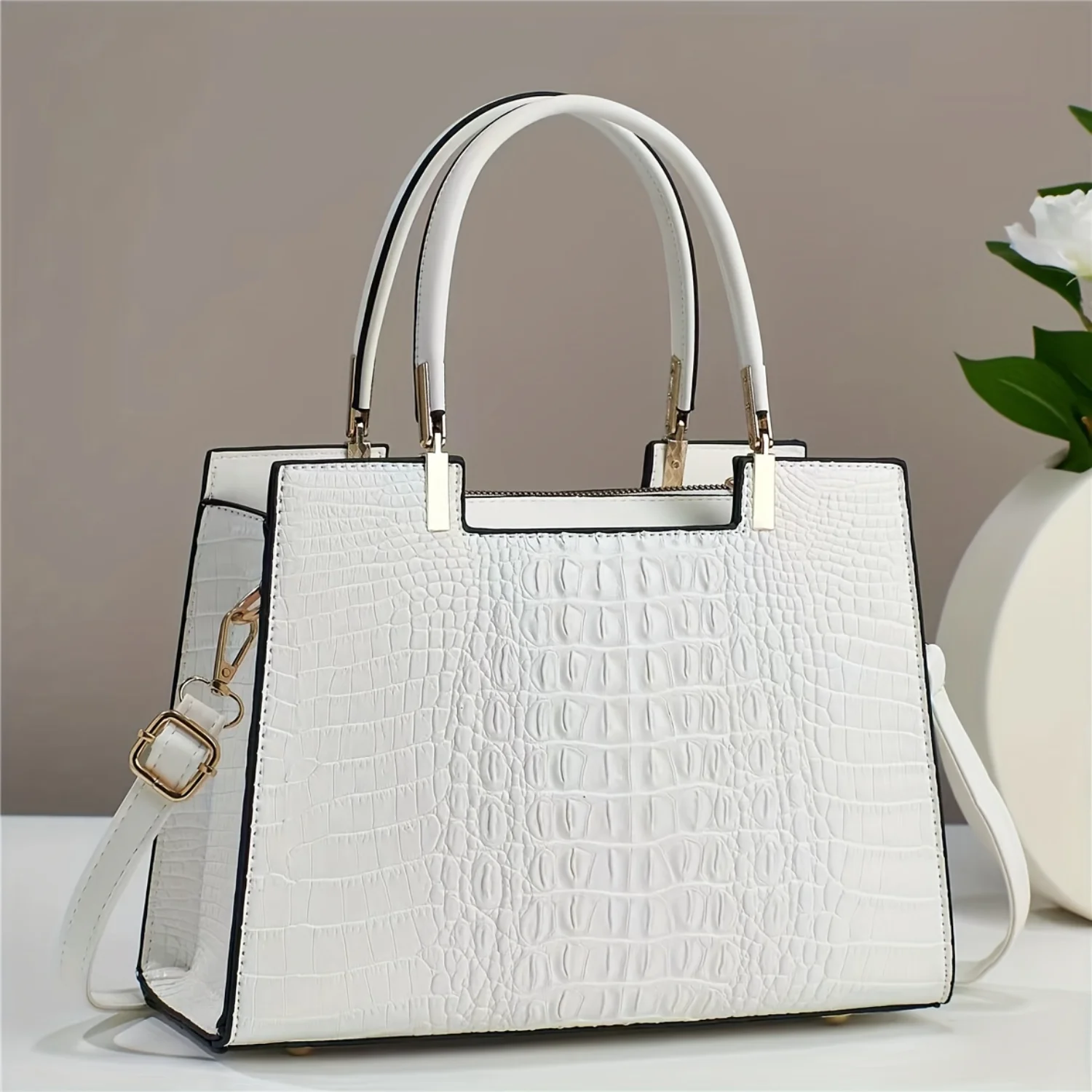 Faux Leather Crocodile Pattern Tote Handbag - Chic Purse with Shoulder Strap