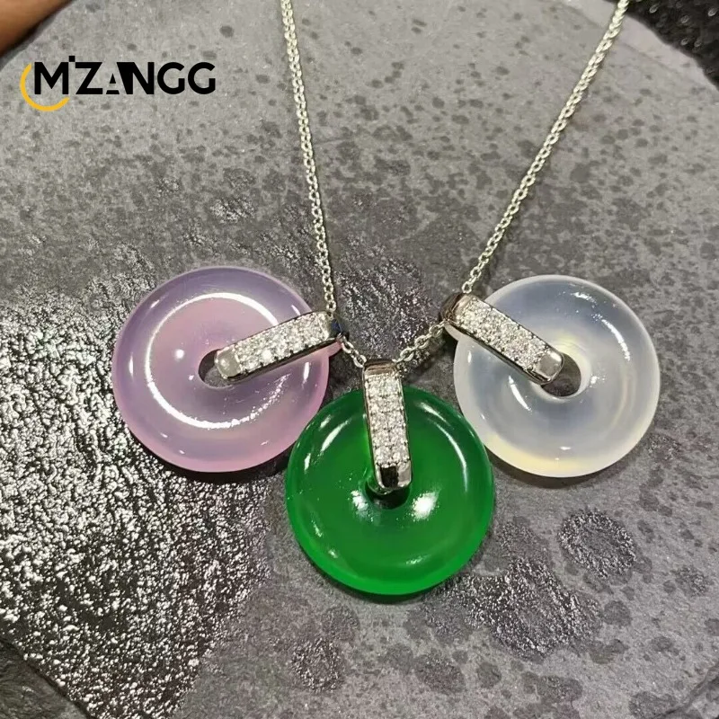 Natural 925 Silver Inlaid with White Ice Agate Peace Buckle Pendant Crystal Donut Necklace Exquisite Luxury Women's Jewelry