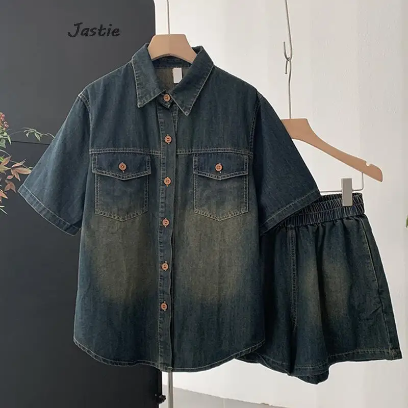 Retro Revers Denim Shirt 2 Stuks Set Outfit Losse Denim Shirt Met Korte Mouwen Hoge Taille Wijde Pijpen Casual Shorts Tweedelige Set Dames