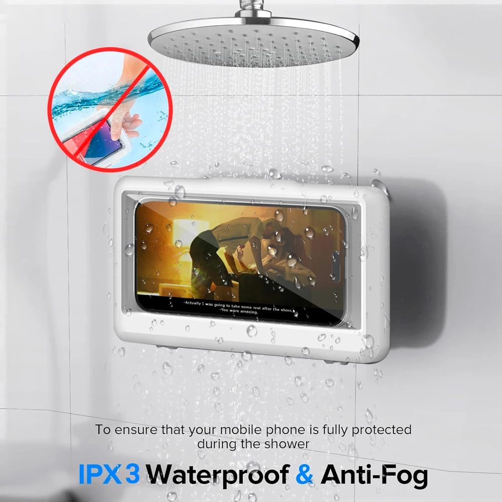 Waterproof Bathroom Mobile Phone Case Holder Anti-Fog Touch Screen Wall Mount Phone Holder For Shower Mirror Bathtub Kitchen