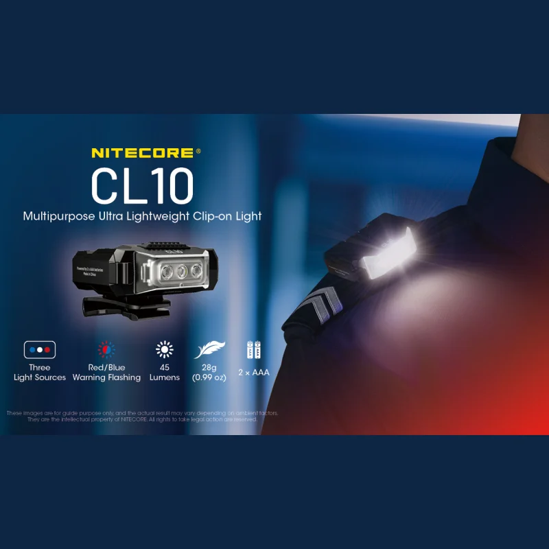 Original NITECORE CL10 luz multiusos ultraligera con Clip 45 lúmenes lámpara roja azul antorcha ajustable con 2 pilas AAA