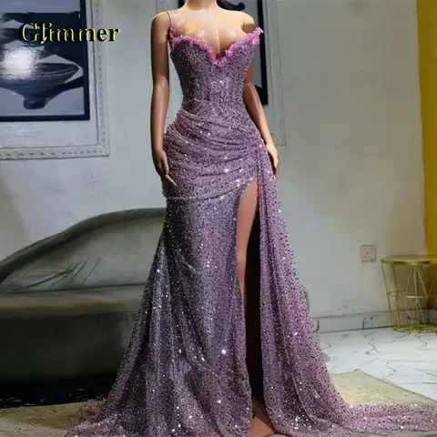 Glimmer Bling Ärmlös Trumpet Damklänning med Hög Slits Paljettpläterad Plisserad Sweep Sleep Robes De Soiree Anpassad 10 best sales Arabisk förlovningsklänning - №4