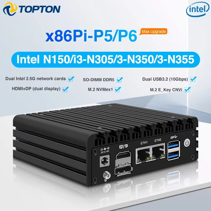 토포튼 P5 P6 팬리스 NAS 미니 PC 인텔 3-N355 N350 N150 2x2.5G LAN 최대 7*M.2 NVMe 또는 6*SATA 키트 DDR5 HDMI+DP 방화벽 컴퓨터