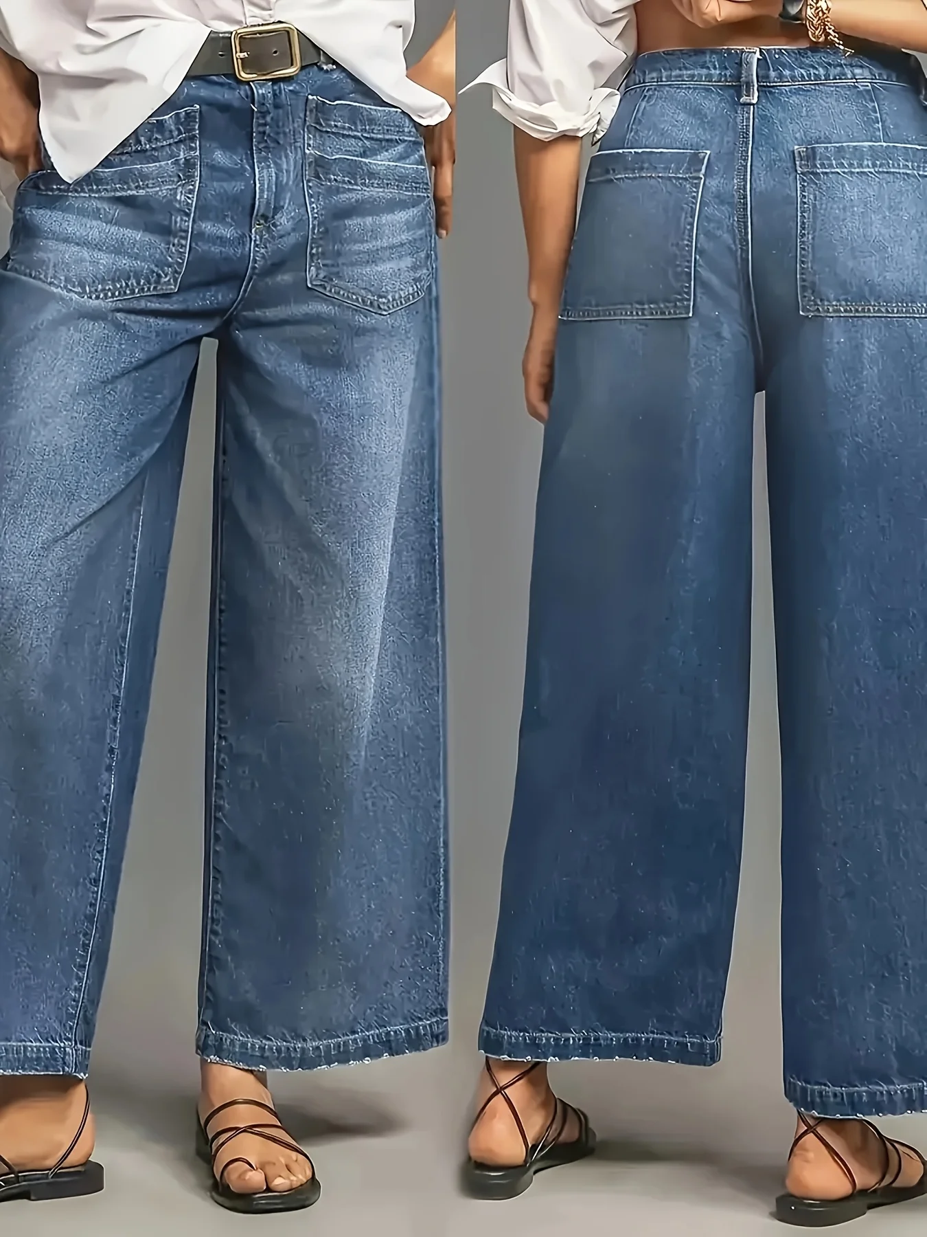 女性用非伸縮性ブルーワイドレッグルーズハイウエストジーンズ、ストレートチューブルーズワイドレッグバージョン、ファッショナブルでシンプル