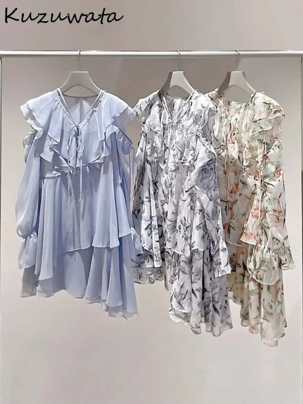 Kuzuwata Exquisite V Neck New Flare Print Dress Ruffles Off Shoulder Sweet Unique Mujer Japan Age Reduction Lace Up Chiffon Robe