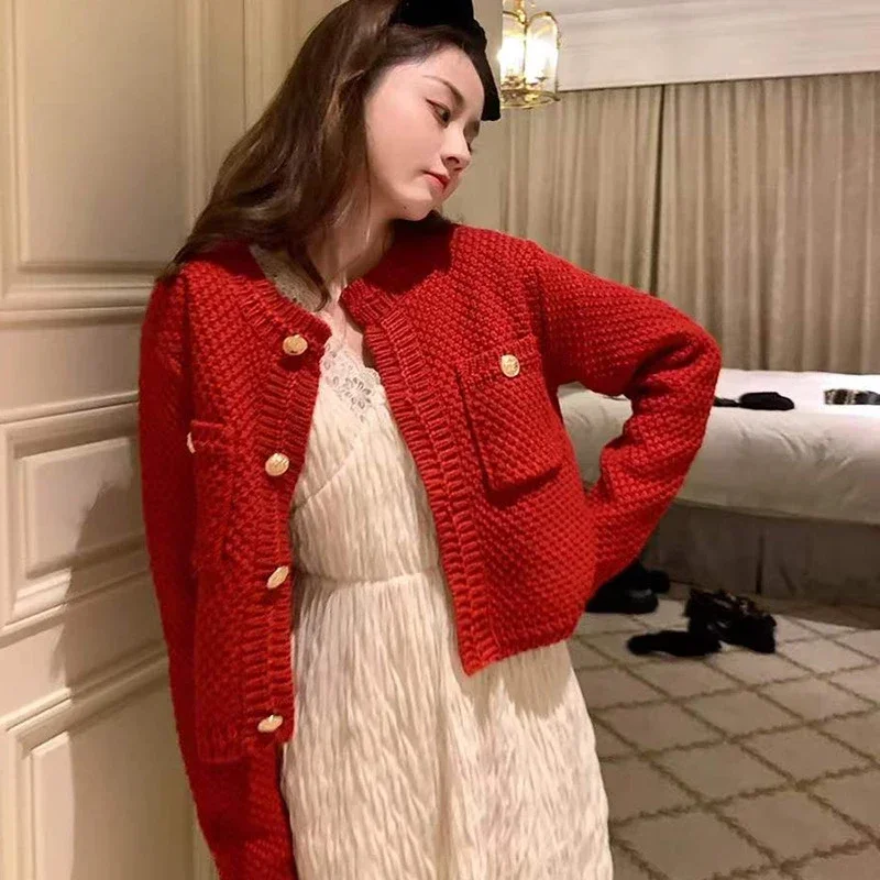 Knitted Cardigan French Vintage Gold Buttons Sweater Women Autumn Winter Luxury Short Straight Coat Knitwear Green Red