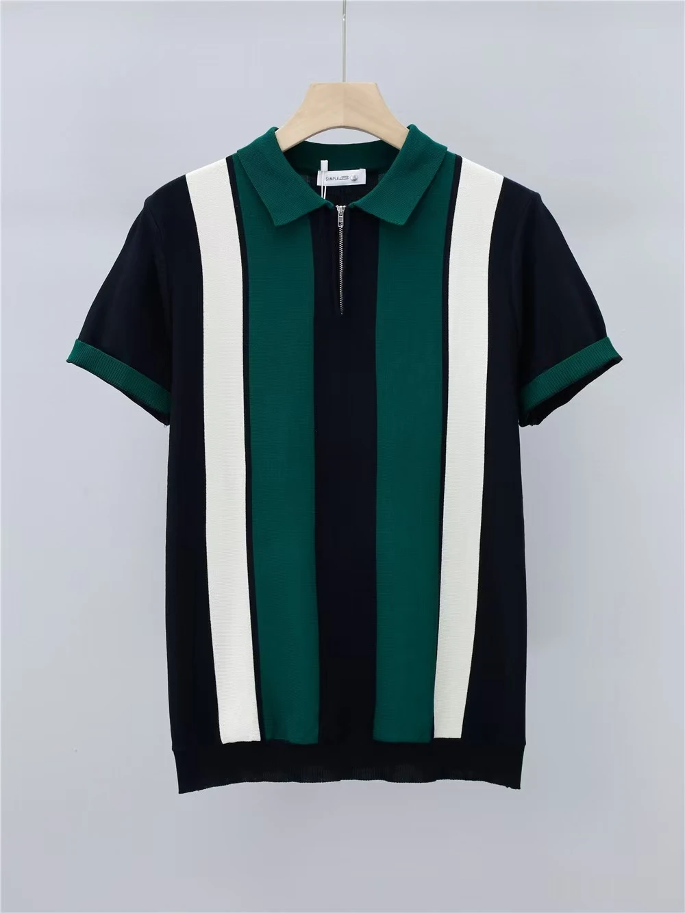 2024 Summer Men's New Trend Striped Patchwork Knitted Casual Top T-shirt, Fashion Button Short Sleeve Polo Shirt