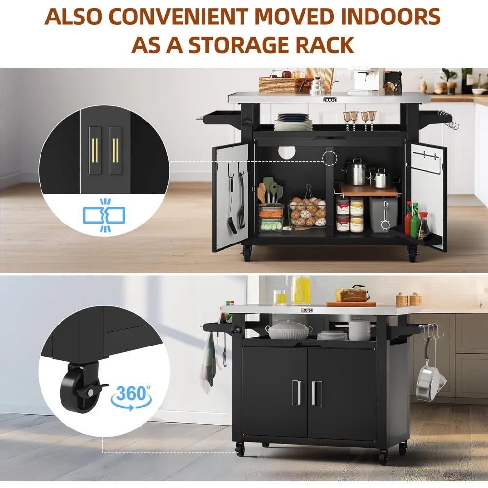Outdoor Grill Cart with Storage Cabinet Metal Kitchen Island Prep Table with Movable Universal Wheels