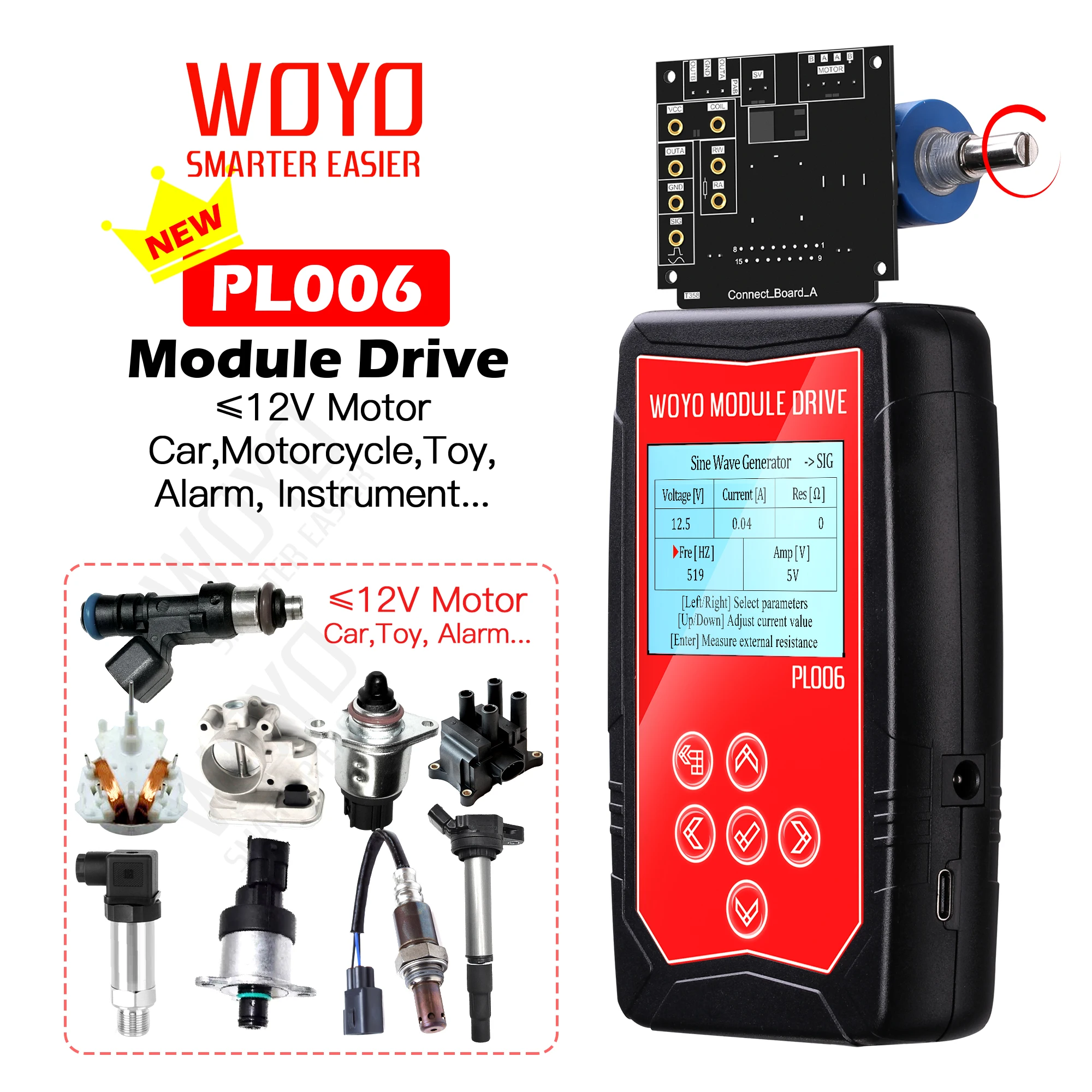 WOYO PL006 Auto Ignition Coil Test 12V Injector Solenoid Valve Stepper Motor Detector, Fault Detect Drive Simulator