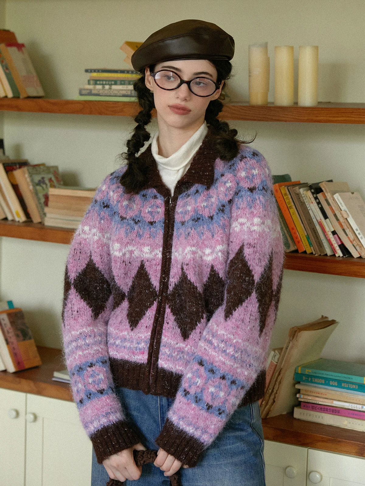 

LBAO Original Color Blo Knitted Woolen Cardigan Women's Lazy Sle Fair Isle Sweater Outerwear Diamond Pattern Long Sve