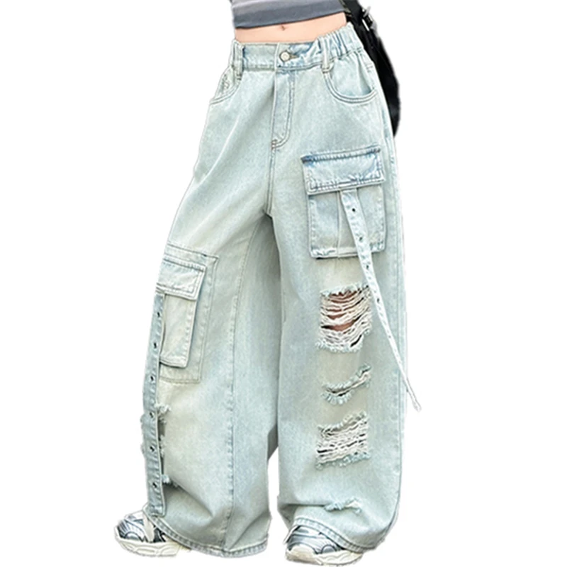Kids Child High Fashion Street Style Distressed Ripped Cargo Jeans With Front Pocket for Tweens Girl Broken Hole Denim Pants