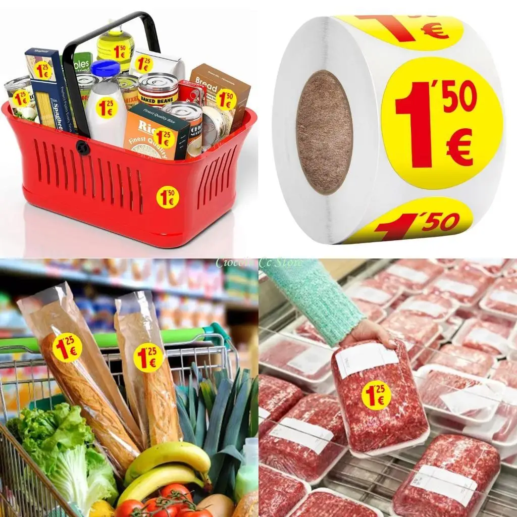 X90F 500PCS بيع المرآب بيع ملصقات أسعار Rummage 1.25/1.5 يورو ملصقات التسعير مستديرة لسوق السلع المستعملة